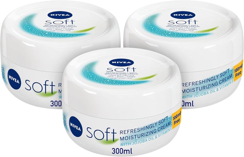 NIVEA Soft Moisturising Cream for Face, Body and Hands with Vitamin E and Jojoba Oil, 3x300ml - Image 1